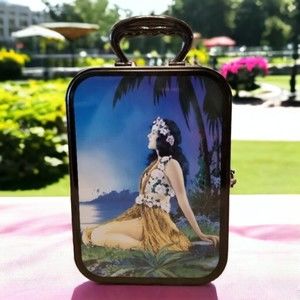 Hawaiian Girl Metal Storage Case Metal Latched Flowers Palm Tree Sky Grass